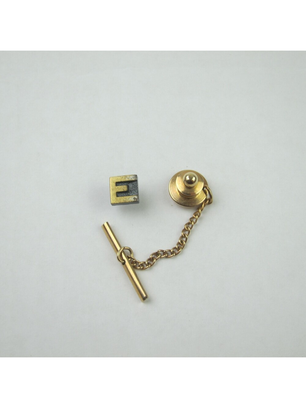 Vintage Monogram Letter E Tie Tack Lapel Pin Gold tone Chain Tie Bar